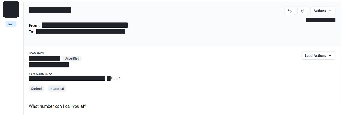 Anonymised reply screenshot: What number can I call you at? Identifying details are blocked out.
