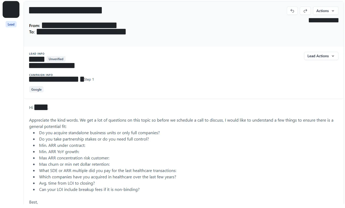 Anonymised reply screenshot: We get a lot of questions on this topic so before we schedule a call to discuss, I would like to understand a few things... Identifying details are blocked out.